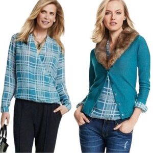 Women’s Cabi Blue Plaid Windowpane Wrap Blouse Size Small